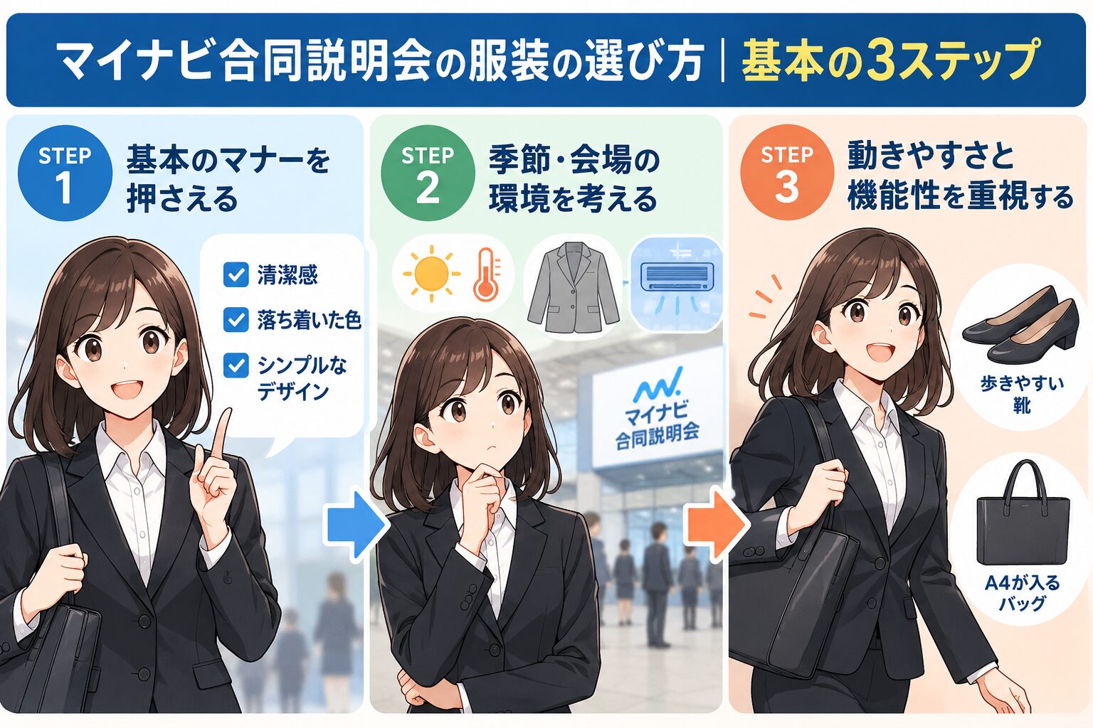 マイナビ合同説明会の服装の選び方|基本の3ステップ