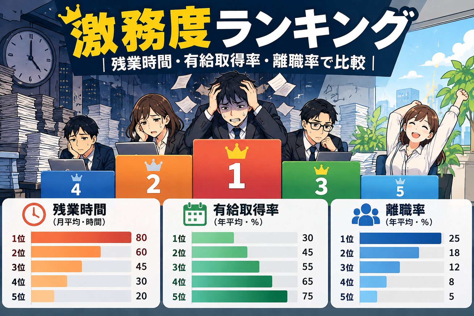 激務度ランキング｜残業時間・有給取得率・離職率で比較